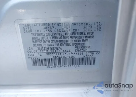 2017 Nissan Sentra S из США, поврежденный, VIN 3N1AB7AP7HY389355